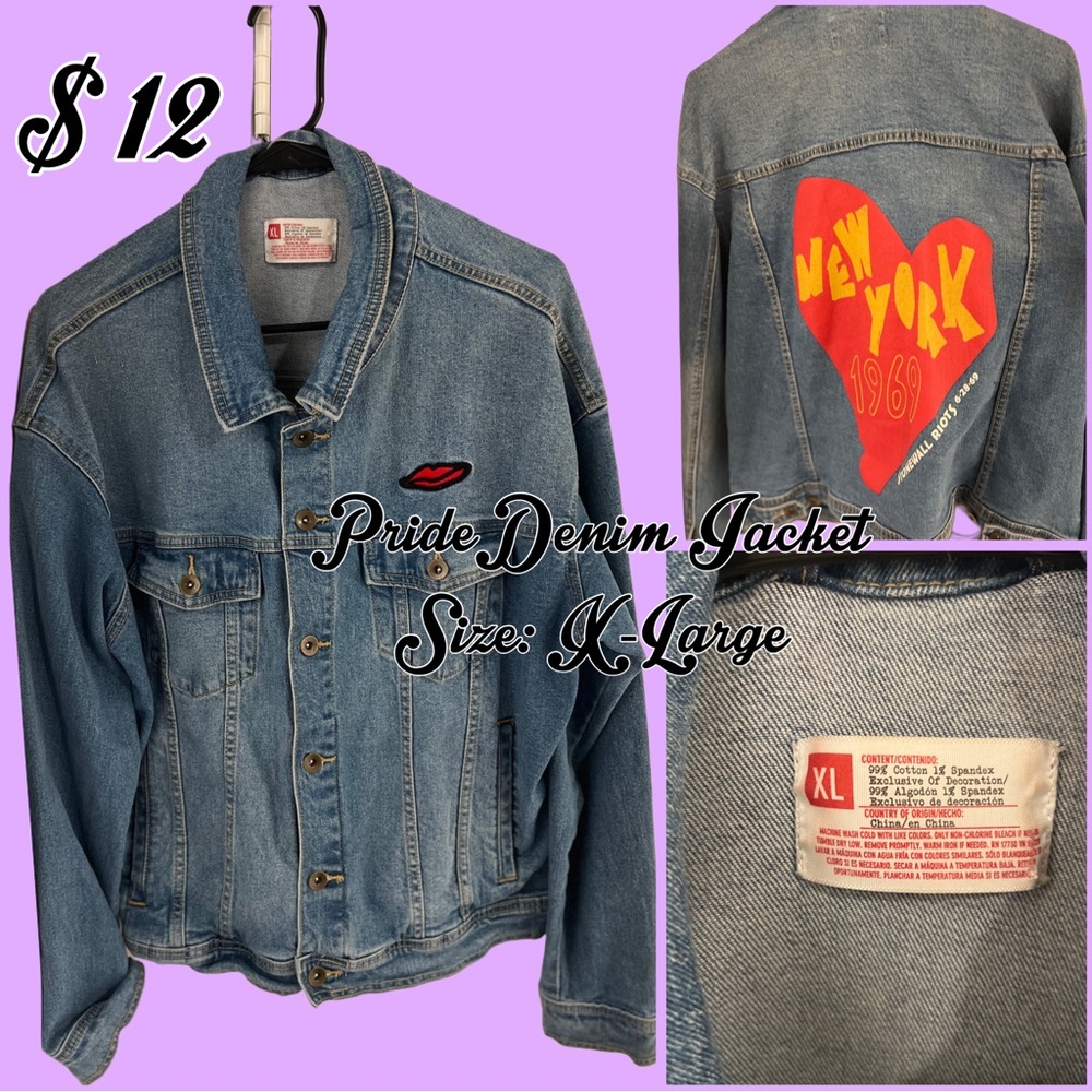 Target PRIDE Blue Denim Jacket with Red and Yellow Heart Design Stonewall